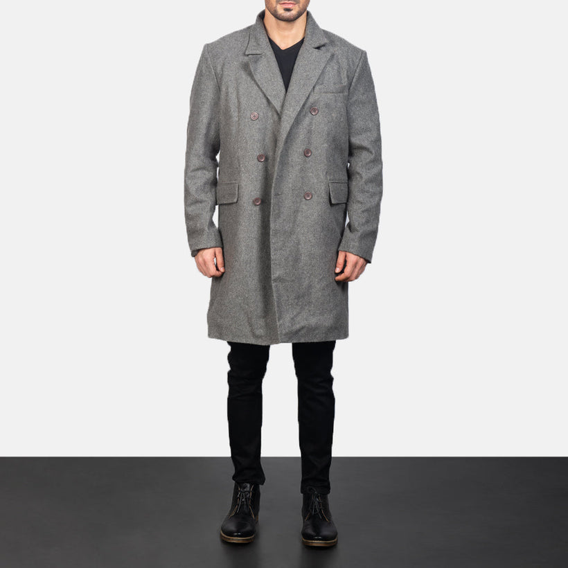 Claud Gris Wool Double-Breasted Abrigo de Cuero para Hombre
