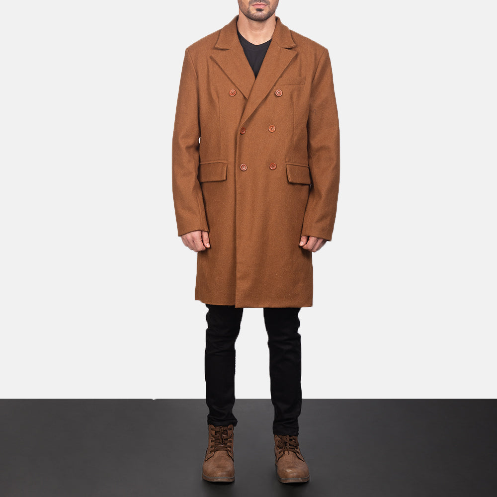 Men's Claud Khaki Wool Double Breasted Coat in Khaki Synthetic Wool - Vista frontal y silueta a medida | Comprar online