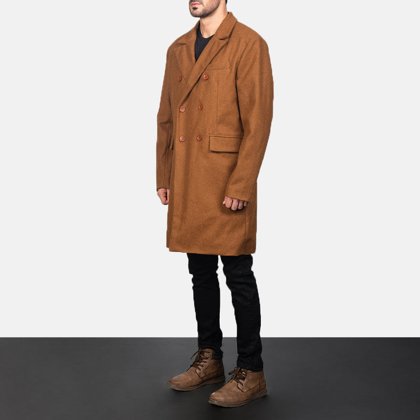 Claud Khaki Wool Double-Breasted Abrigo de Cuero para Hombre