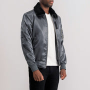 Grey Satin Bomber Jacket - Vista trasera con ajuste entallado en hombros y bajo impecable
