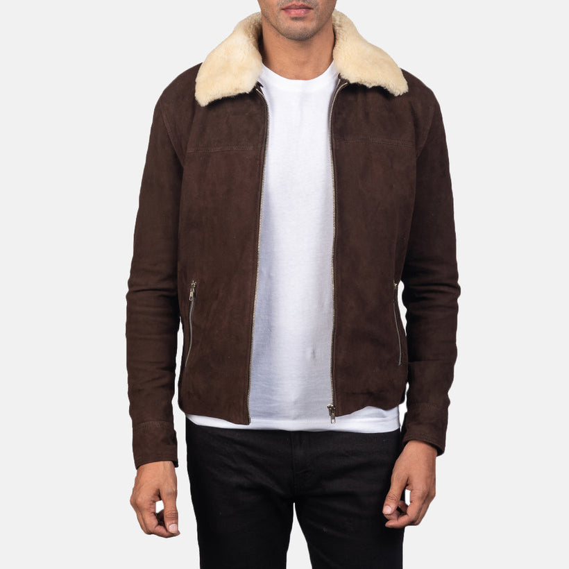 Men's Coffner Brown Shearling Fur Jacket in Distressed Brown Goatskin Suede - Front Profile View & Tailored Silhouette | Buy Online