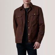Colberto Marrón Waxed Canvas Trucker Chaqueta de Cuero para Hombre For Men in Brown Waxed Cotton Canvas - Vista frontal y silueta a medida | Comprar online