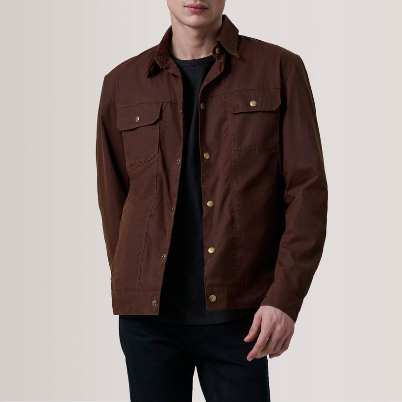 Colberto Marrón Waxed Canvas Trucker Chaqueta de Cuero para Hombre