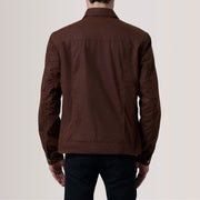 Detalle de cerca of Classic Collar &amp; Snap Button Hardware on Colberto Marrón Waxed Canvas Trucker Chaqueta de Cuero para Hombre For Men