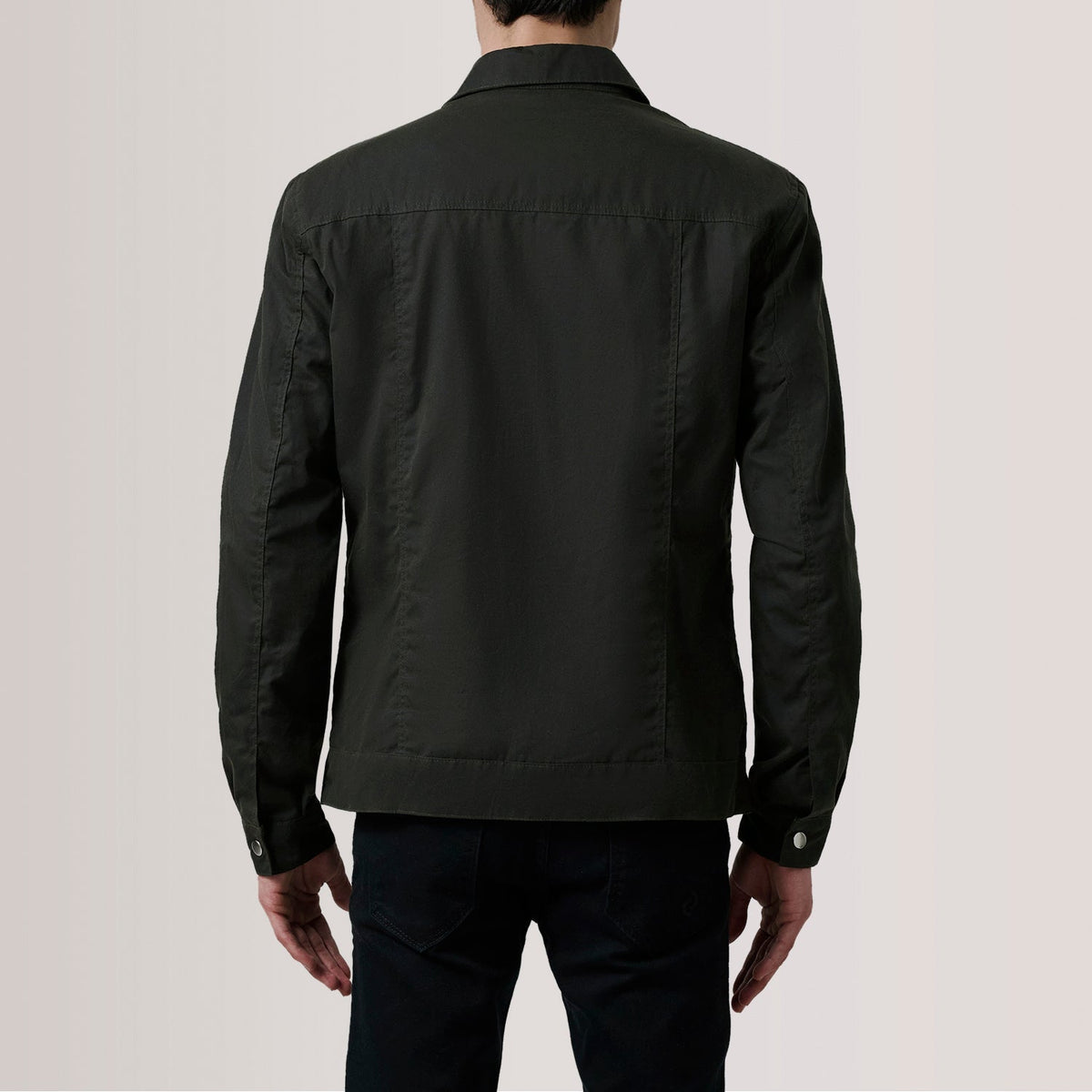 Close-Up Detail of Classic Collar & Snap Button Hardware on Colberto Olive Waxed Canvas Trucker Jacket For Men