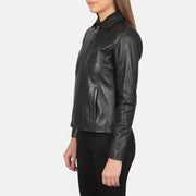 Women Colette Negro Chaqueta de Cuero para Mujer - Vista de perfil lateral con corte ergonómico de manga