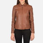 Detalle de cerca of Shirt &amp; Zipper Hardware on Women Colette Marrón Chaqueta de Cuero para Mujer