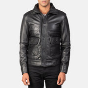 Norman Black Hooded Bomber Leather Puffer Jacket in Blue Sheepskin Leather - Vista frontal y silueta a medida | Comprar online