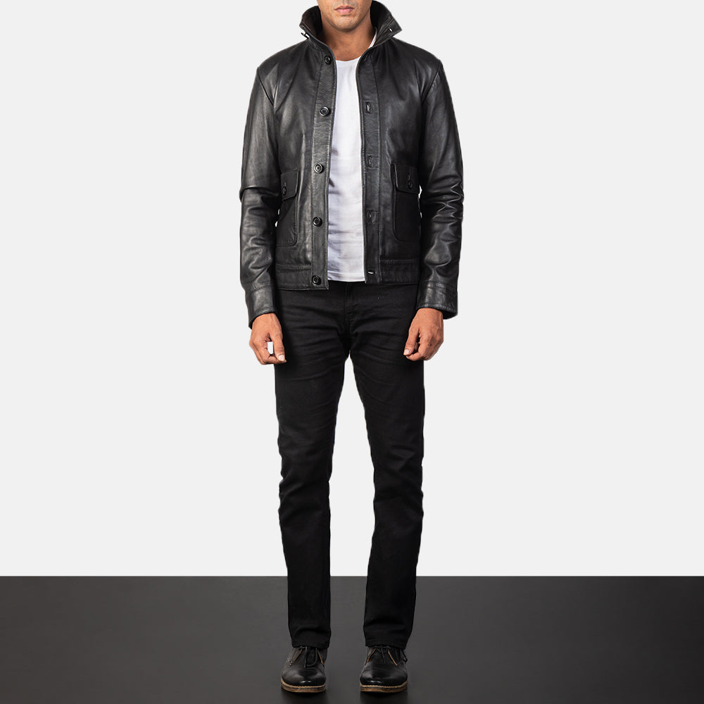 Detalle de cerca of High-neck Buttoned &amp; Button Hardware on Norman Black Hooded Bomber Leather Puffer Jacket