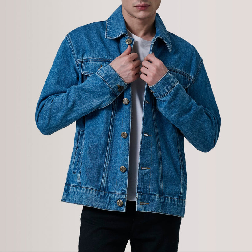 Conard Azul Denim Trucker Chaqueta de Cuero para Hombre