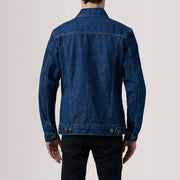
Vista de detalle of Classic Collar & Heavy-Duty Zipper Hardware on Conard Dark Azul Denim Trucker Chaqueta de Cuero para Hombre For Men