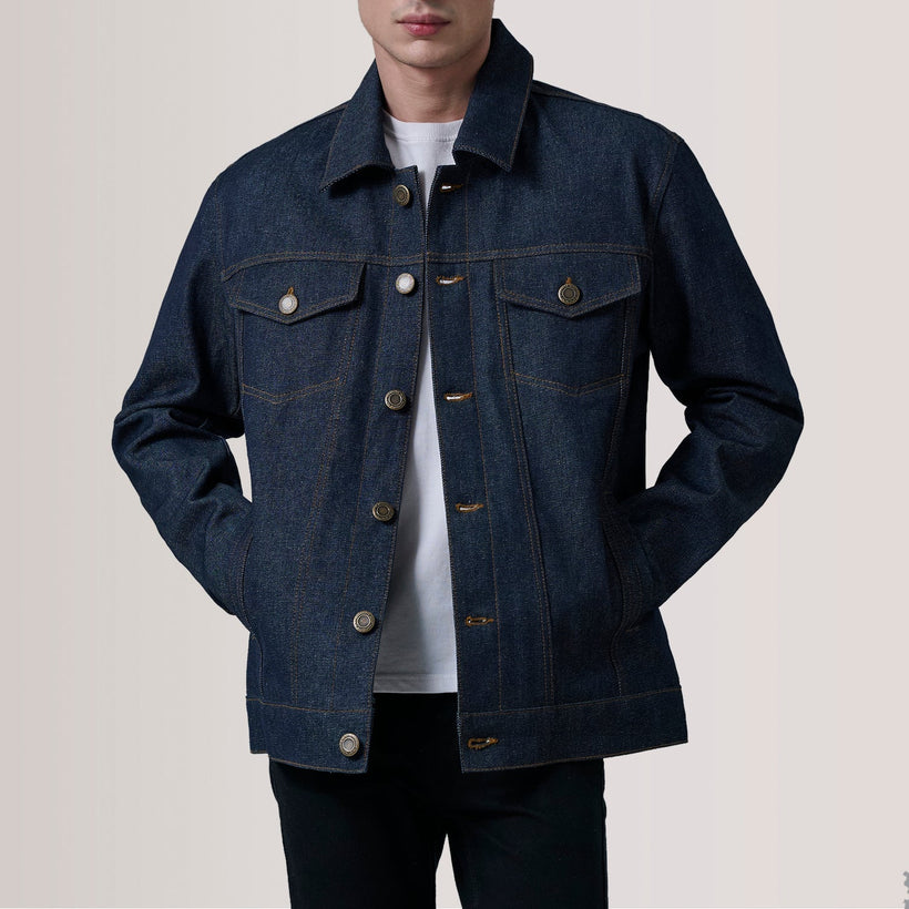 Conard Indigo Azul Denim Trucker Chaqueta de Cuero para Hombre