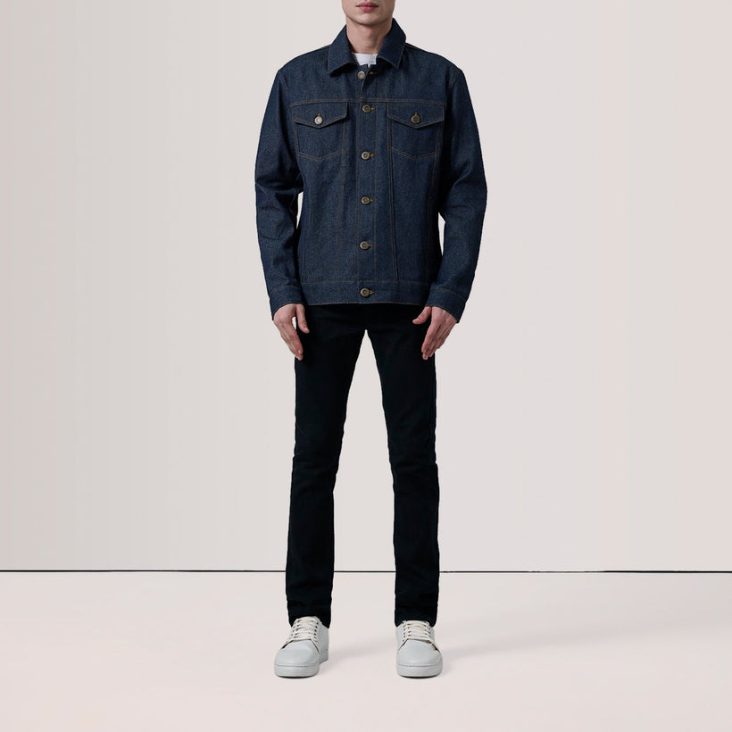 Conard Indigo Azul Denim Trucker Chaqueta de Cuero para Hombre