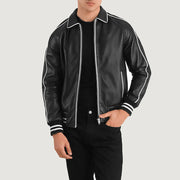 Cooper Negro Leather Varsity Chaqueta de Cuero para Hombre in Black Sheepskin Leather - Vista frontal y silueta a medida | Comprar online