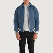 Cooper Azul Leather Varsity Chaqueta de Cuero para Hombre in Blue Sheepskin Leather - Vista frontal y silueta a medida | Comprar online