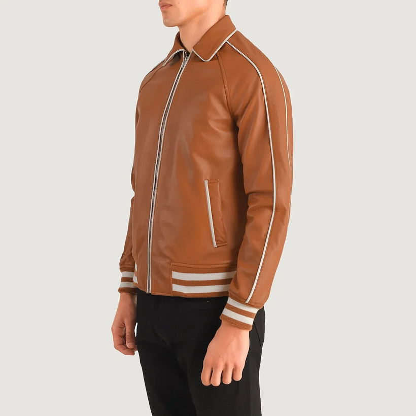 Cooper Tostado Marrón Leather Varsity Chaqueta de Cuero para Hombre
