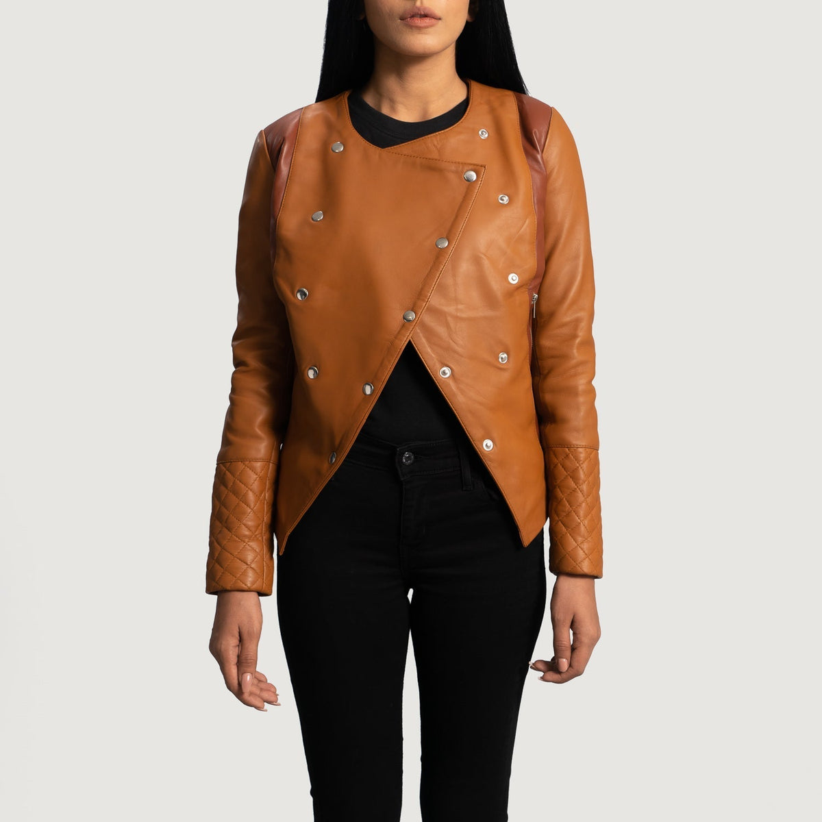 Women's County Tostado Overlap Chaqueta de Cuero para Mujer - Vista de perfil lateral con corte ergonómico de manga