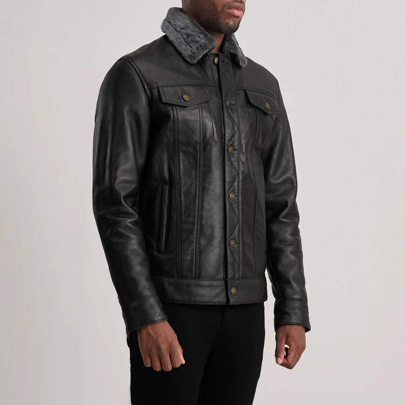 Dallis Negro Leather Shearling Trucker Chaqueta de Cuero para Hombre