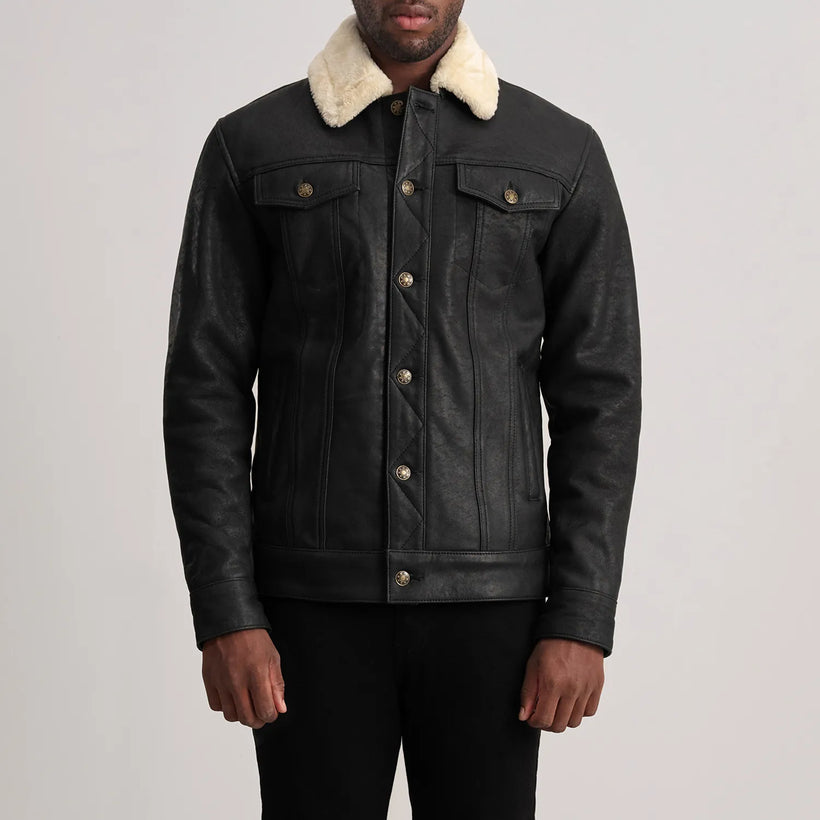 Dallis Efecto Envejecido Negro Leather Shearling Trucker Chaqueta de Cuero para Hombre