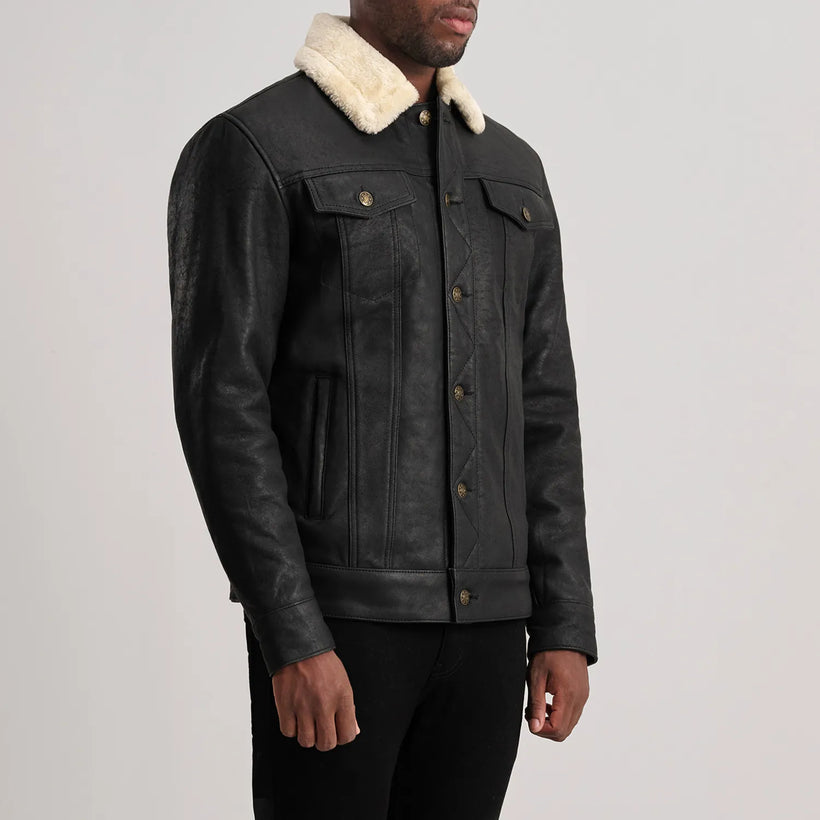 Dallis Efecto Envejecido Negro Leather Shearling Trucker Chaqueta de Cuero para Hombre
