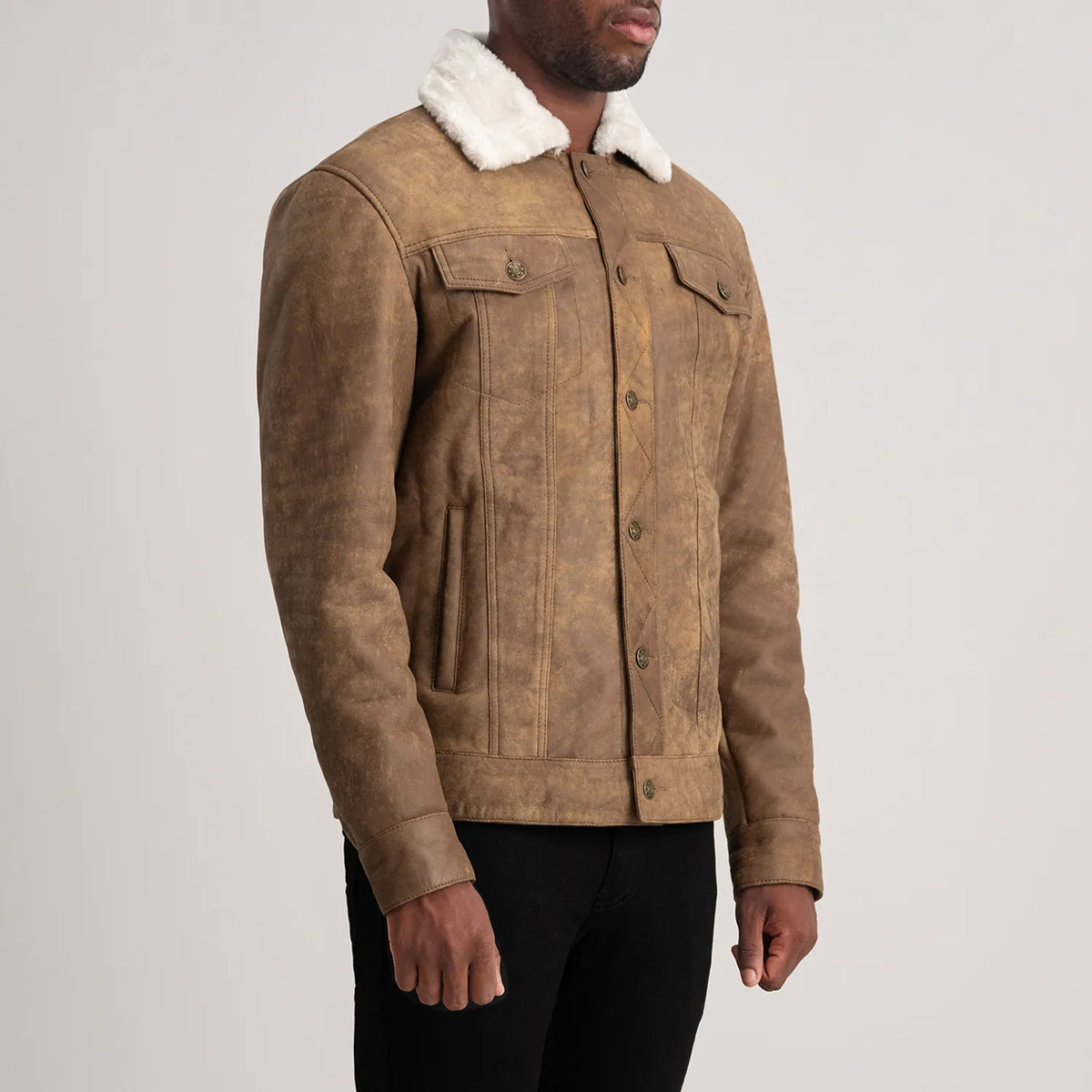 Distressed Brown Sheepskin Snuffed Aviator Jacket - Vista trasera con ajuste entallado en hombros y bajo impecable