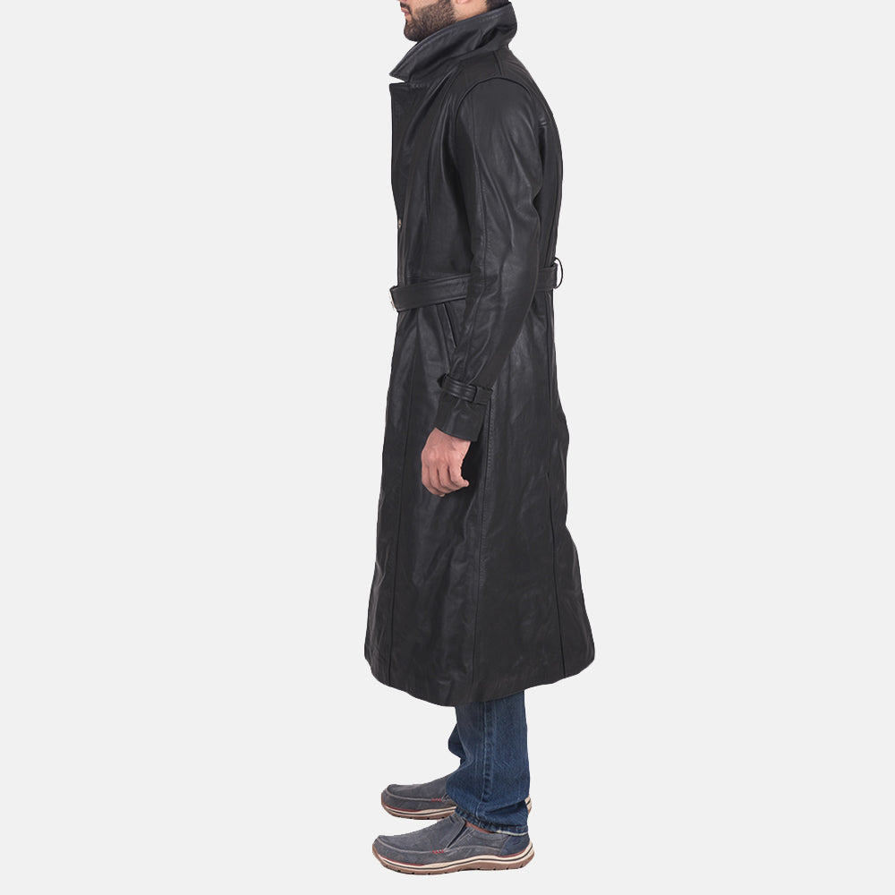 
Daniel Negro Gabardina Trench de Cuero para Hombre - Vista lateral mostrando el corte ergonómico de mangas