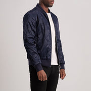 Blue Satin Varsity Jacket - Vista trasera con ajuste entallado en hombros y bajo impecable
