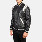 Black &amp; White Sheepskin Leather Varsity Jacket - Vista trasera con ajuste entallado en hombros y bajo impecable