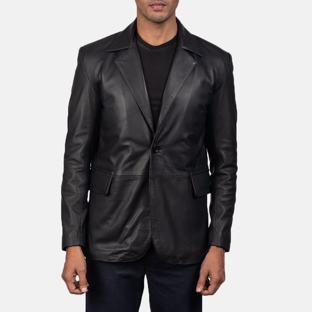 Men's Daron Negro Blazer de Cuero de Cuero para Hombre in Black Sheepskin Leather - Vista frontal y silueta a medida | Comprar online