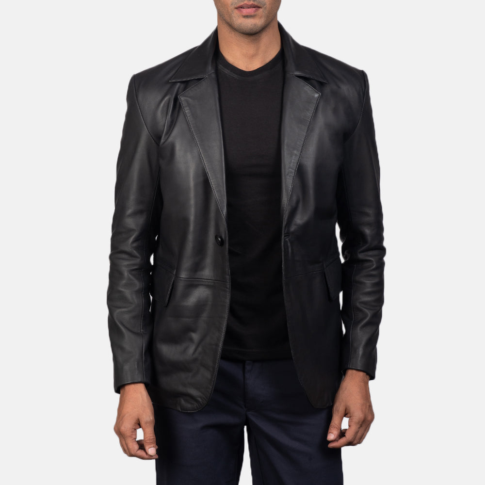 Detalle de cerca of Notch &amp; Button Hardware on Men's Daron Negro Blazer de Cuero de Cuero para Hombre