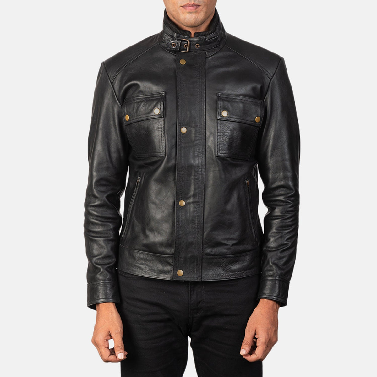 Men's Darren Black Leather Biker Jacket in Black 100% Full-Grain Leather - Vista frontal y silueta a medida | Comprar online
