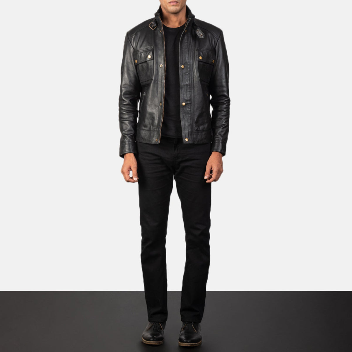Detalle de cerca of Classic Collar &amp; Heavy-Duty Zipper Hardware on Men's Darren Black Leather Biker Jacket