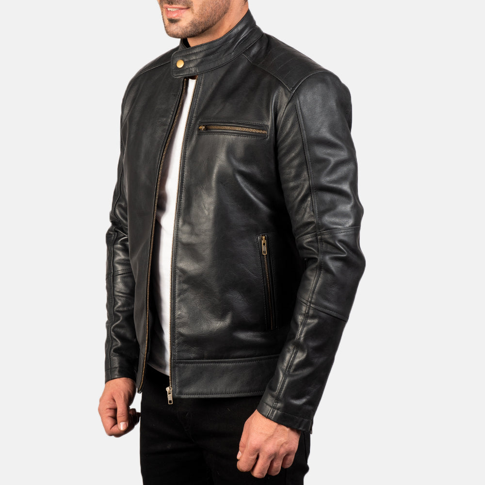
Dean Negro Chaqueta Biker de Cuero para Hombre - Vista posterior con hombros definidos y bajo impecable
