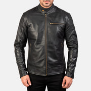 
Primer plano del cuello con broche a presión y cremalleras de Dean Negro Chaqueta Biker de Cuero para Hombre