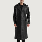 Delmar Black Leather Double Breasted Coat in Black Cowhide Leather - Vista frontal y silueta a medida | Comprar online