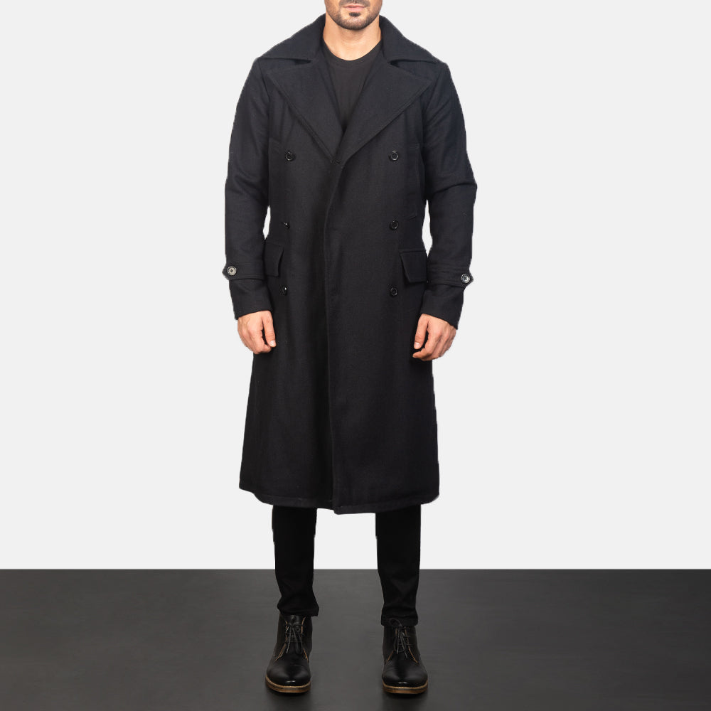 Men's Detective Negro Wool Abrigo de Cuero para Hombre - Vista de perfil lateral con corte ergonómico de manga