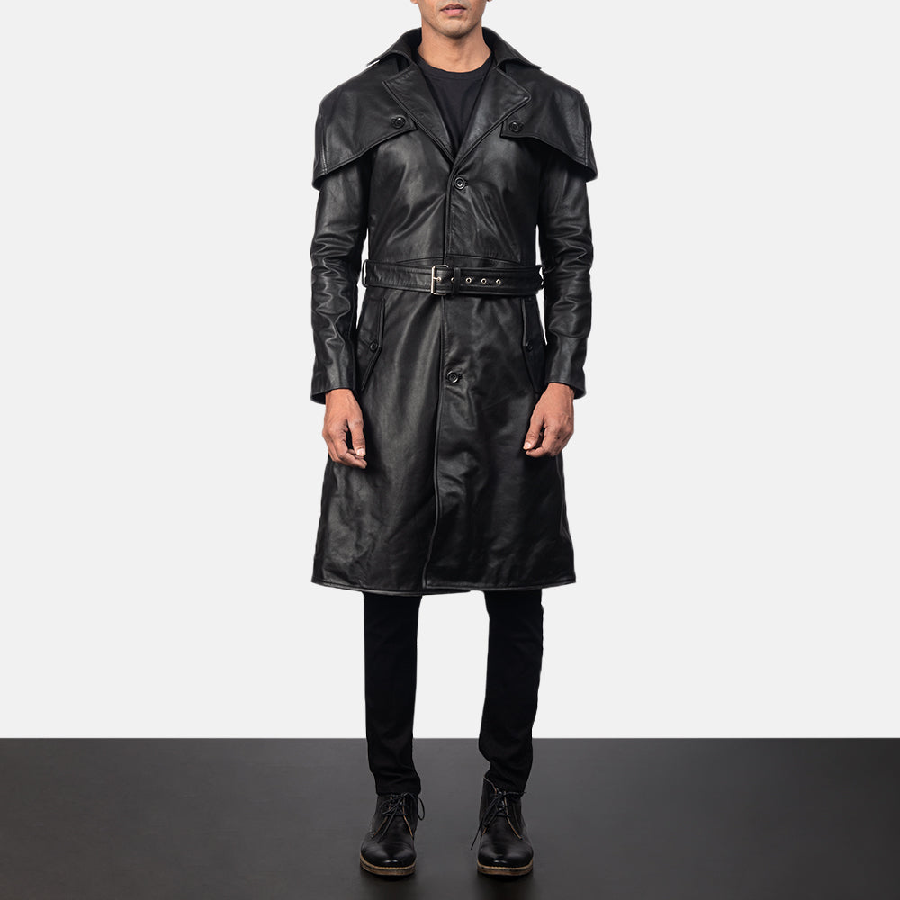 Black Cowhide Leather Trench Coat - Vista trasera con ajuste entallado en hombros y bajo impecable