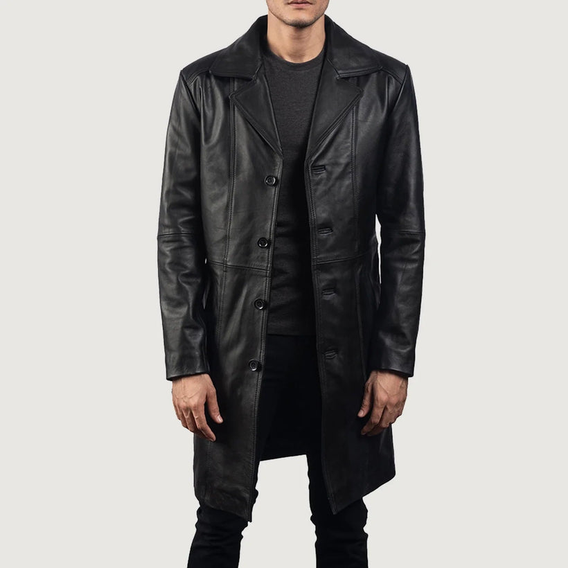 Men's Don Long Black Leather Coat in Black Cowhide Leather - Front Profile View & Tailored Silhouette | Buy Online