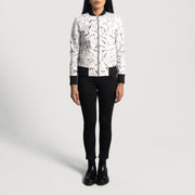 Detalle de cerca of Varsity &amp; Zipper Hardware on Women's Donna Blake Blanco Cazadora Bomber de Cuero para Mujer