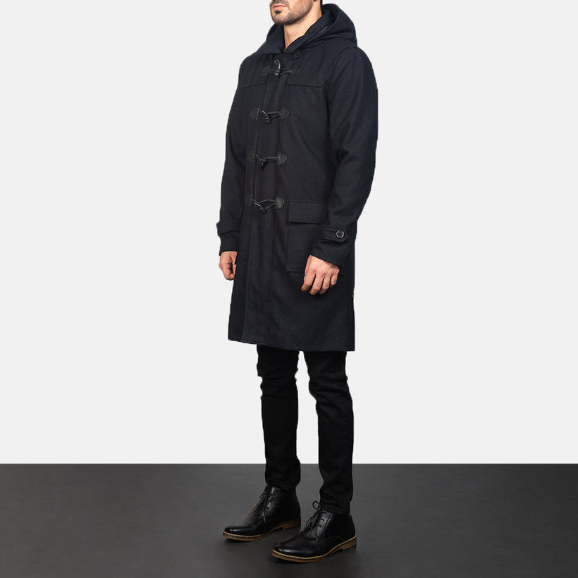 Drake Negro Wool Hooded Duffle Abrigo de Cuero para Hombre