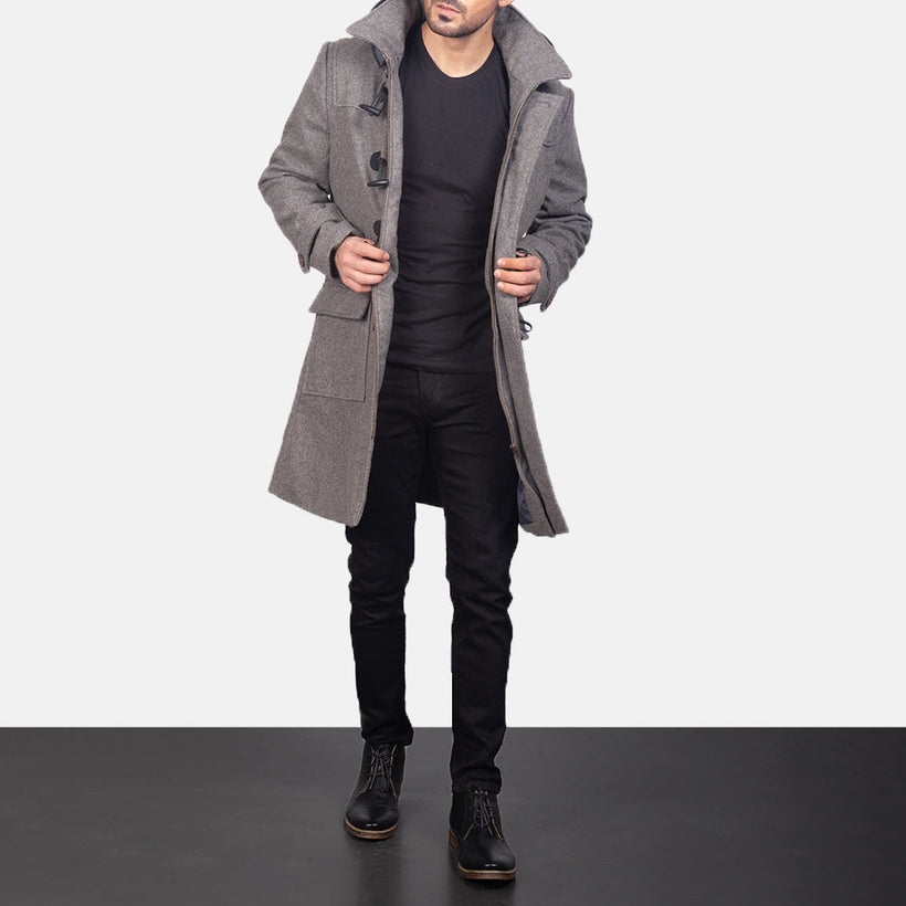 Drake Gris Wool Hooded Duffle Abrigo de Cuero para Hombre