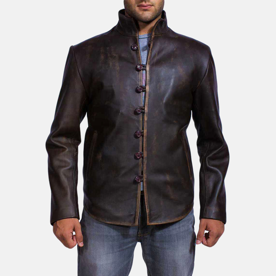 Men's Drakeshire Marrón Chaqueta de Cuero para Hombre in Distressed Brown Goatskin Leather - Vista frontal y silueta a medida | Comprar online