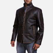 Distressed Brown Goatskin Leather Biker Jacket - Vista trasera con ajuste entallado en hombros y bajo impecable