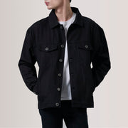 Eddie Negro Oversized Denim Trucker Chaqueta de Cuero para Hombre For Men in Black Full-Grain Leather - Vista frontal y silueta a medida | Comprar online