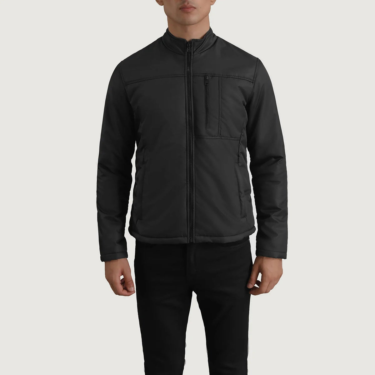 Detalle de cerca of Classic Collar &amp; Zipper Hardware on Elliot Negro Lightweight Chaqueta de Cuero para Hombre