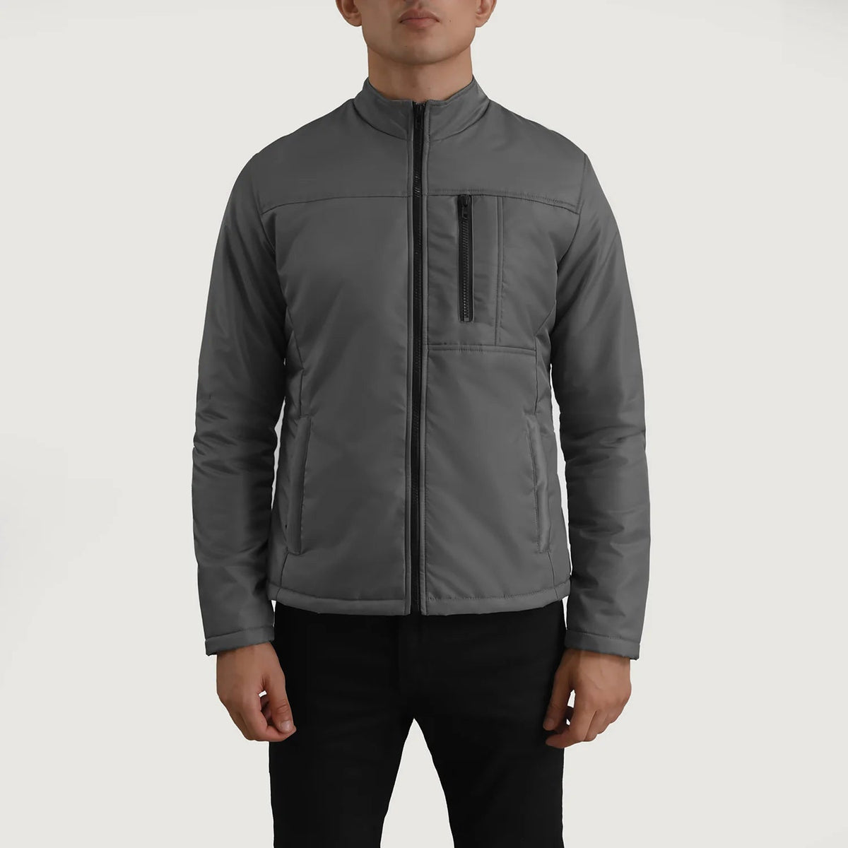 Detalle de cerca of Classic Collar &amp; Zipper Hardware on Elliot Gris Lightweight Chaqueta de Cuero para Hombre