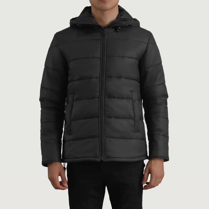 Erico Negro Hooded Puffer Chaqueta de Cuero para Hombre