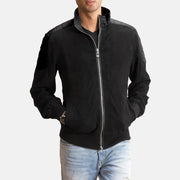 Men's Ethan Hybrid Suede Cazadora Bomber de Cuero para Hombre in Black Goatskin Suede - Vista frontal y silueta a medida | Comprar online