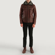 Detalle de cerca of Shirt &amp; Zipper Hardware on Men's Evan Hart Fur Marrón Chaqueta de Cuero para Hombre
