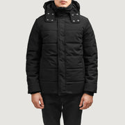 Exton Negro Hooded Down Puffer Chaqueta de Cuero para Hombre in Black Full-Grain Leather - Vista frontal y silueta entallada | Comprar online